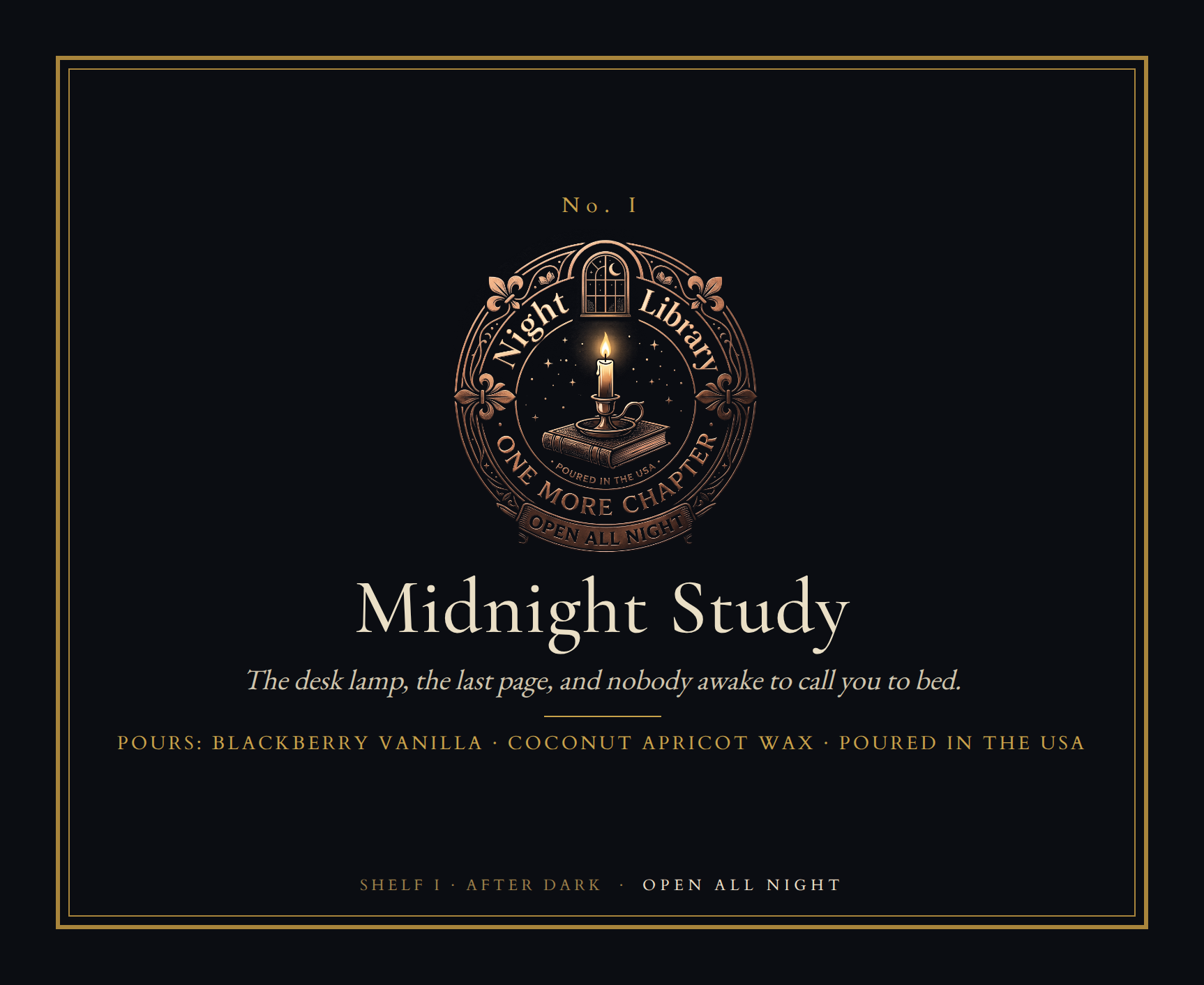 The Midnight Study bookplate: the seal, the name, the scene line and the Pours line